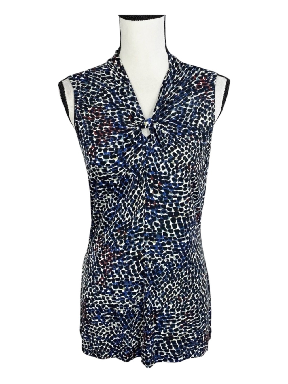 CAbi #3242 Bowie Sleeveless Blouse Size Small Black Blue Animal Print Keyhole